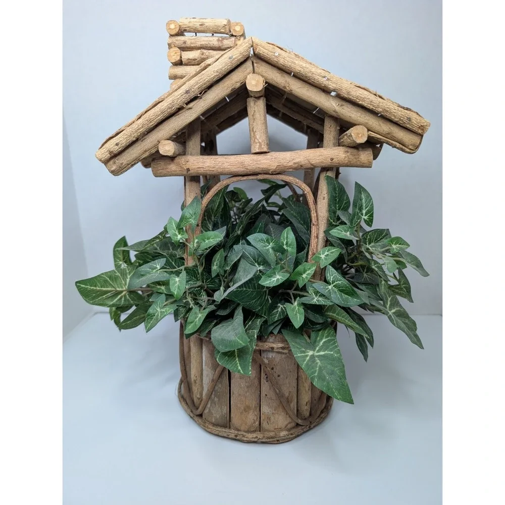 Rustic Wooden Wishing Well Planter Faux Ivy Log Cabin Style 13